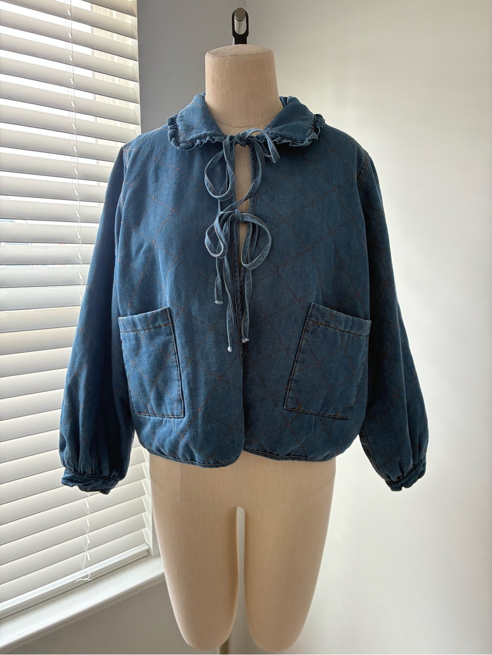 Vestique Women's Gina Denim Quilted Puffy Tie-Front Jacket